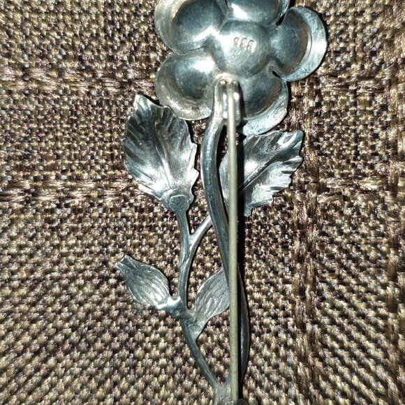 BEAUTIFUL VINTAGE 3-DIMENSIONAL ROSE FLOWER 835 STERLING SILVER BROOCH PIN - Picture 5 of 10